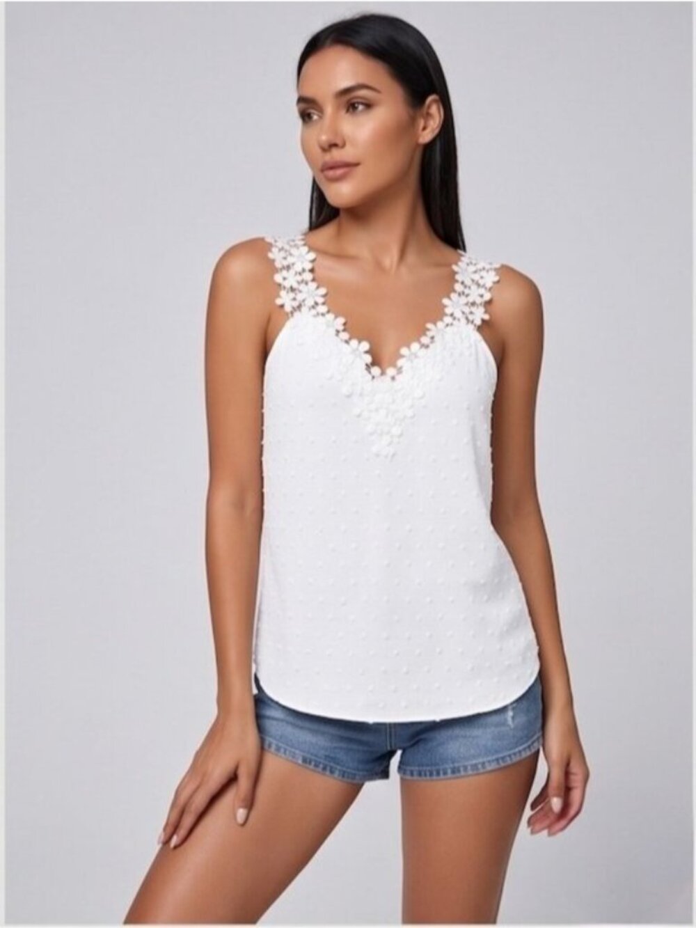 Swiss Dot Guipure Lace Panel Tank Top White